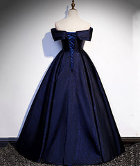 Navy Blue Satin Off Shoulder Long Prom Dress Outfits For Girls, Blue A-line Formal Dress Outfits For Girls, Evening Dress