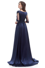 Navy Blue Satin V-neck Short Sleeve Beading Prom Dresses