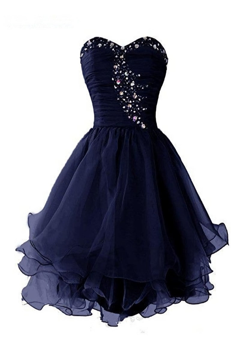 Navy Blue Sweetheart Short Homecoming Dress Outfits For Girls, Sparkly Crystal Organza Short Formal Dress
