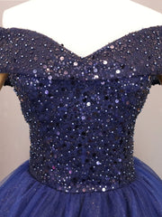 Navy Blue Tulle Beaded Ball Gown Sweet 16 Dress Outfits For Girls, Blue Tulle Prom Dress Outfits For Women Party Dress