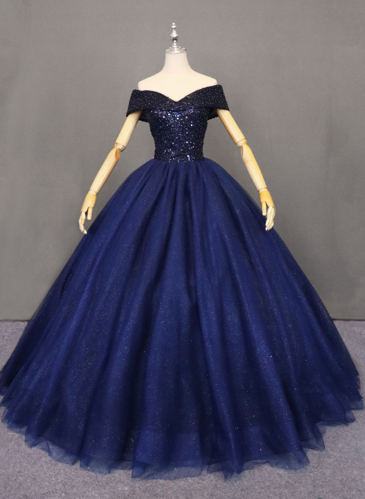 Navy Blue Tulle Beaded Ball Gown Sweet 16 Dress Outfits For Girls, Blue Tulle Prom Dress Outfits For Women Party Dress