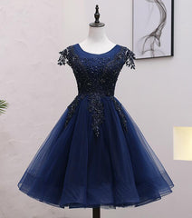 Navy Blue Tulle Beaded Knee Length Cap Sleeves Prom Dress Outfits For Girls, Blue Homecoming Dress