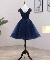 Navy Blue Tulle Beaded Knee Length Cap Sleeves Prom Dress Outfits For Girls, Blue Homecoming Dress