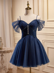 Navy Blue Tulle Beaded Short Prom Dress Outfits For Girls, Blue Tulle Off Shoulder Homecoming Dress