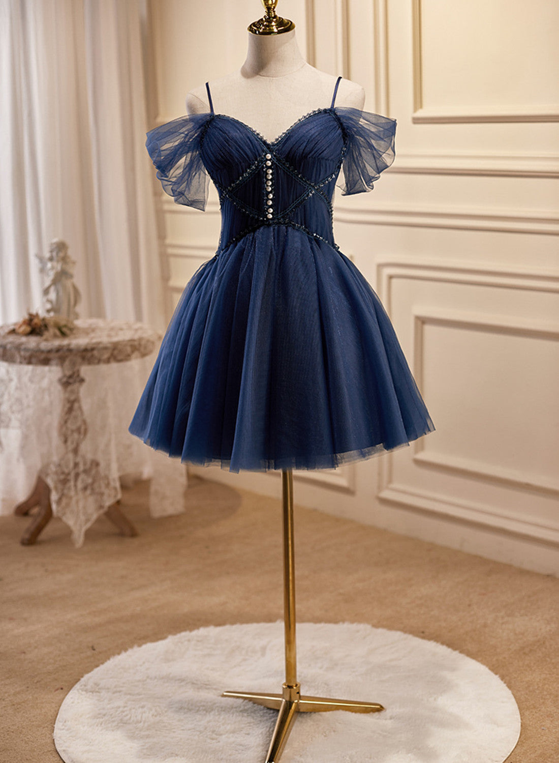 Navy Blue Tulle Beaded Short Prom Dress Outfits For Girls, Blue Tulle Off Shoulder Homecoming Dress