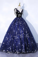 Navy Blue Tulle Long Prom Dress Outfits For Girls, Spaghetti Straps Lace Flower Backless Formal Dress