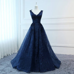 Navy Blue V-neckline Lace Long Party Dress Outfits For Women with Flowers, Blue V-neckline Prom Dress