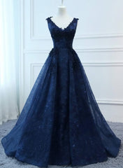 Navy Blue V-neckline Lace Long Party Dress Outfits For Women with Flowers, Blue V-neckline Prom Dress