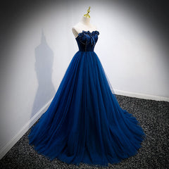 Navy Blue Velvet Top and Tulle Long Formal Dress Outfits For Girls, Blue Sweetheart Prom Dress