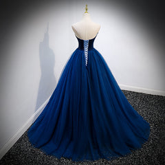 Navy Blue Velvet Top and Tulle Long Formal Dress Outfits For Girls, Blue Sweetheart Prom Dress