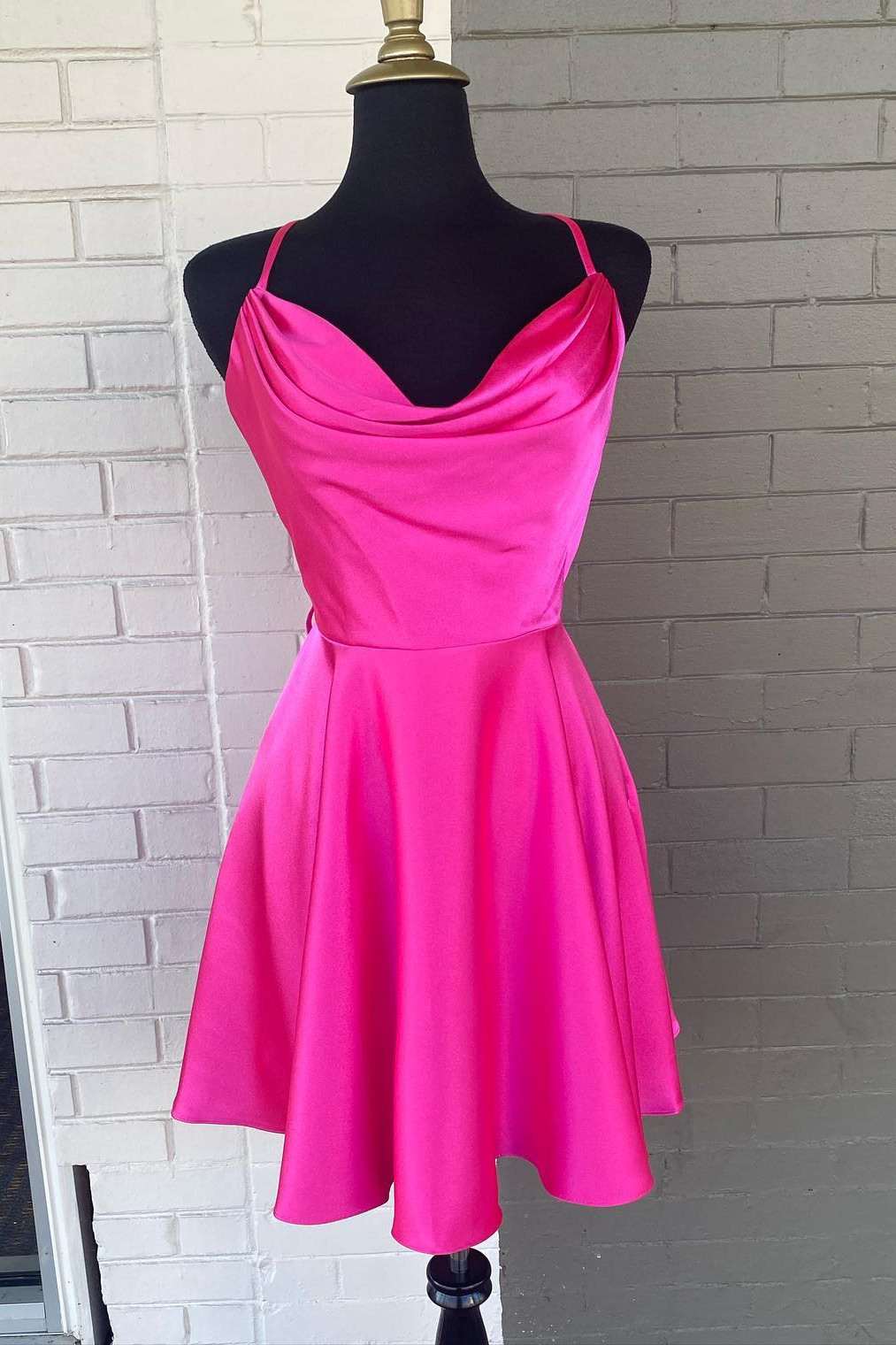 Neon Pink Lace-Up A-Line Satin Homecoming Dress Outfits For Girls,Night Dress Outfits For Women Party Short