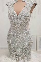 New Arrival V Neck Cap Sleeve Beads Crystals Mermaid Wedding Dress Outfits For Women Lace Applique