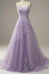 Светло -пурпурное кружевное аппликация линейное спагетти ремней для выпускного платья вечернее платье