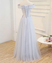 Gray A Line Off Shoulder Floor Length Prom Dress, Lace Evening Dress