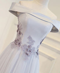 Gray A Line Off Shoulder Floor Length Prom Dress, Lace Evening Dress