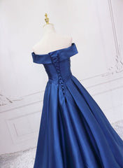 Off Shoulder Blue Satin A-line Floor Length Prom Dress Outfits For Girls, Blue Simple Formal Dress