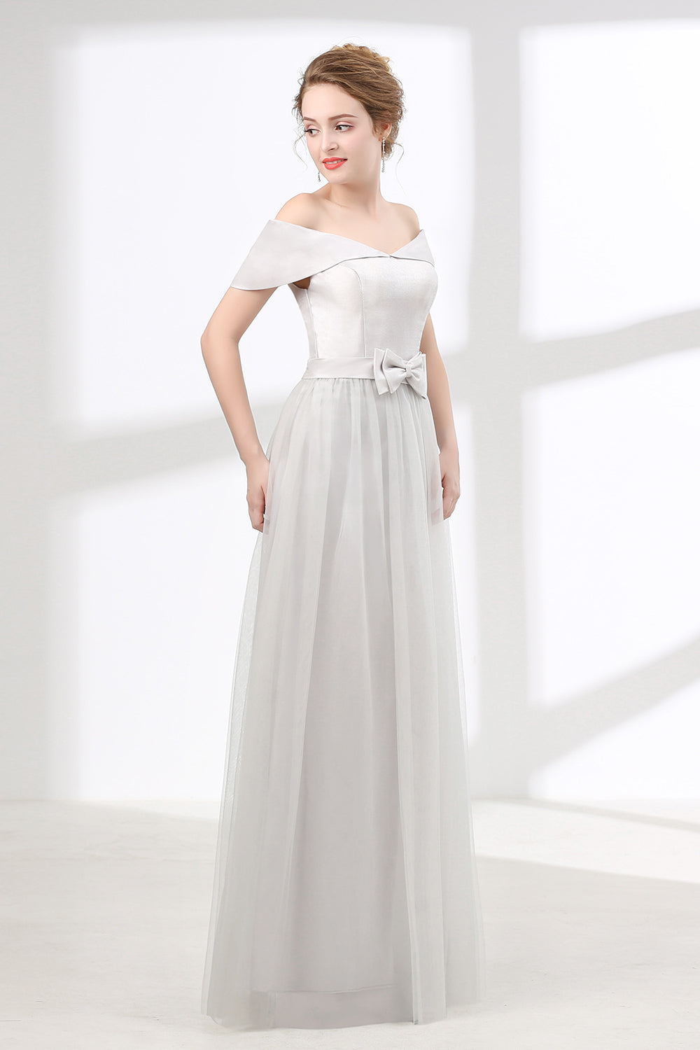 Off Shoulder Gray Formal Floor Length Prom Dresses