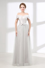 Off Shoulder Gray Formal Floor Length Prom Dresses