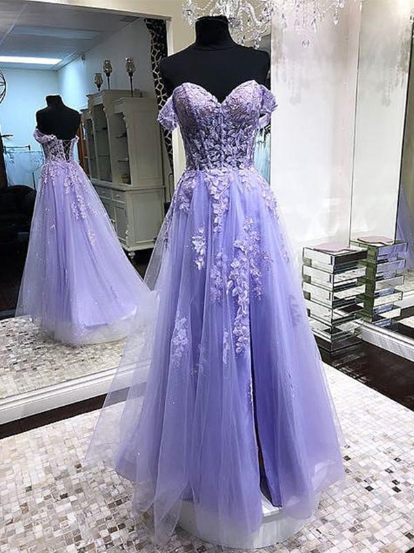 Off Shoulder Lavender Lace Long Prom Dresses For Black girls For Women, Lilac Lace Formal Dresses For Black girls For Women, Purple Evening Dresses