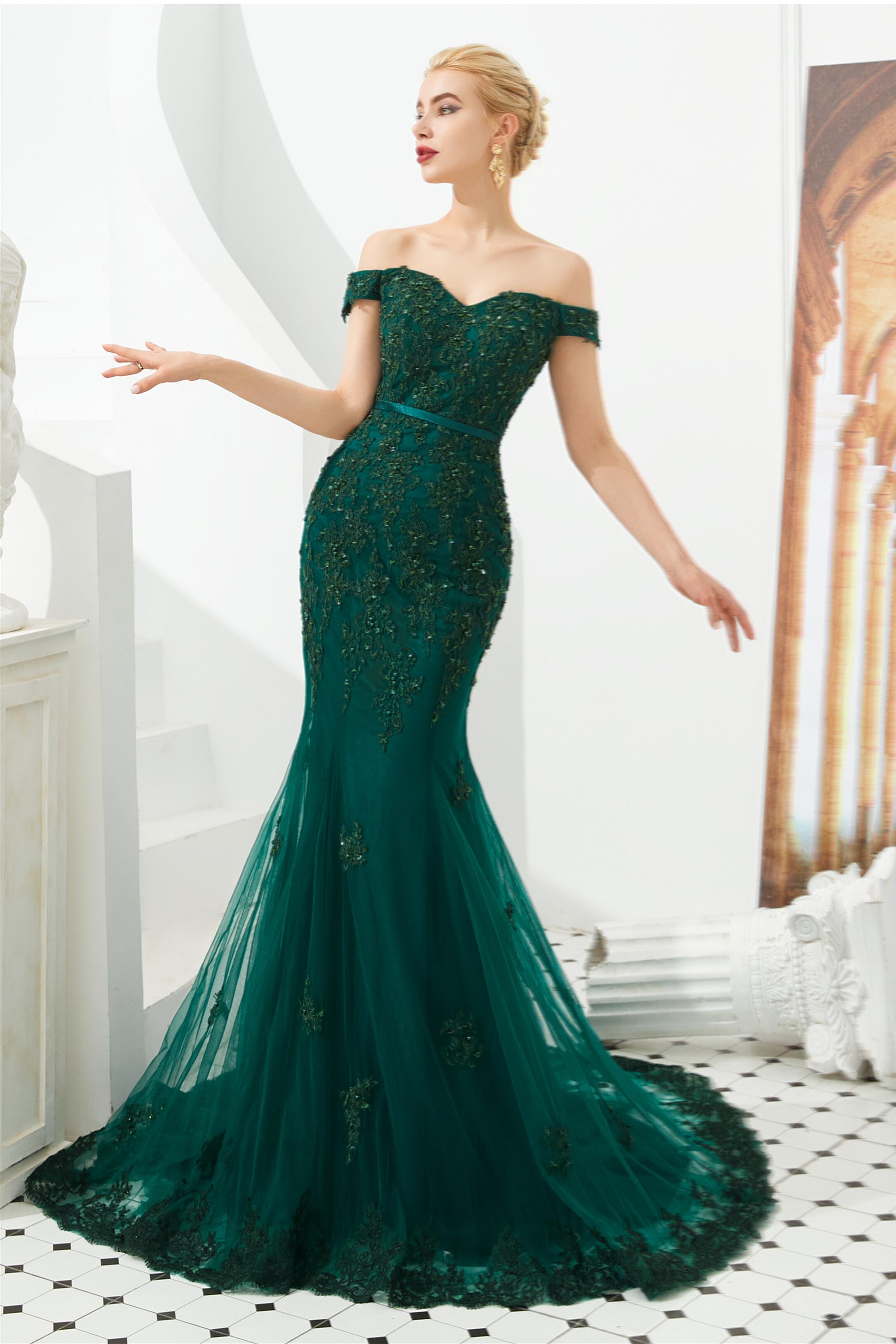 Off Shoulder Mermaid Dark Green Formal Evening Dresses with Lace