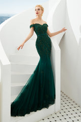Off Shoulder Mermaid Dark Green Formal Evening Dresses with Lace
