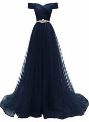 Off Shoulder Navy Blue Party Dress Outfits For Girls, A-line Tulle Blue Bridesmaid Dress