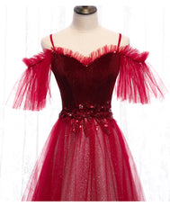 Off Shoulder Wine Red Velvet and Tulle Party Dress Outfits For Girls, A-line Tulle Floor Length Prom Dress