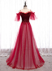 Off Shoulder Wine Red Velvet and Tulle Party Dress Outfits For Girls, A-line Tulle Floor Length Prom Dress