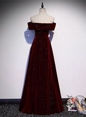 Off Shoulder Wine Red Velvet Long Party Dress Outfits For Girls, A-line Wine Red Evening Dress