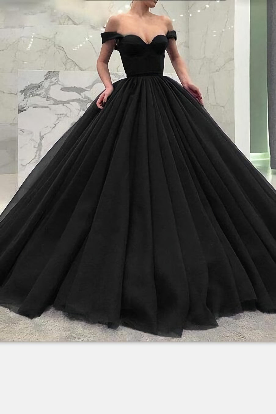 Off The Shoulder Black Prom Gown With Puffy Tulle Skirt Prom Dresses