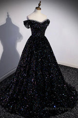Off the Shoulder Black Sequin Prom Dresses, Black Long Formal Evening Dresses