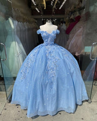 Off the shoulder blue ball gown , sparkly prom Dress Outfits For Women with flowers