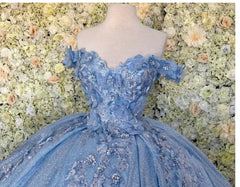 Off the shoulder blue ball gown , sparkly prom dress with flowers