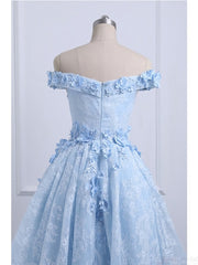 Off the Shoulder Blue Prom Dresses For Black girls Lace Applique, High Low Prom Dress