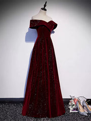 Off the Shoulder Burgundy Velvet Long Prom Dresses For Black girls For Women, Wine Red Long Formal Graduation Dresses