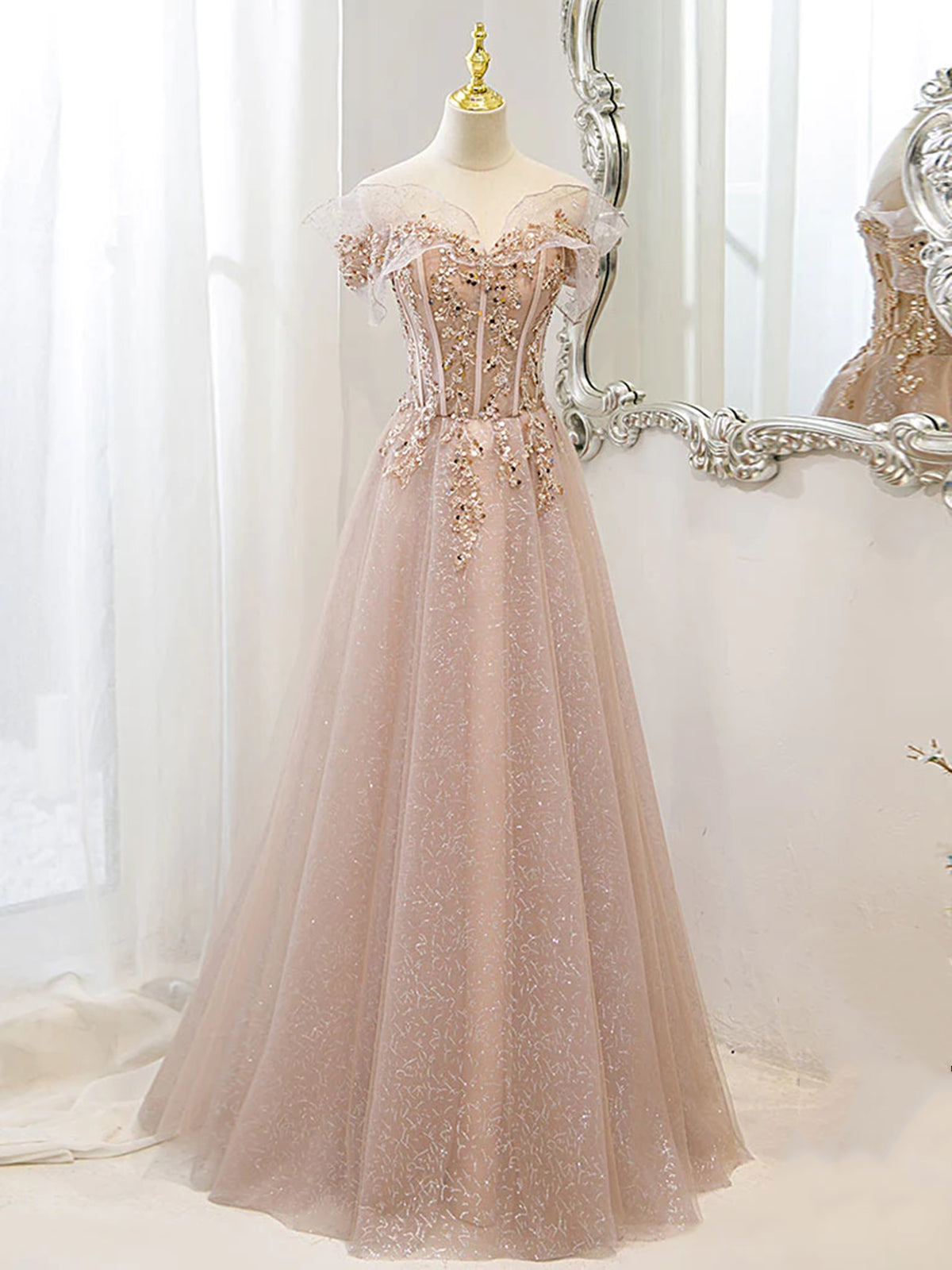 Off the Shoulder Champagne Tulle Lace Prom Dress Outfits For Girls, Off Shoulder Champagne Lace Formal Dress