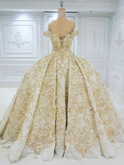 Off the shoulder Golden Lace Appliques Formal Ball Gown Wedding Dress