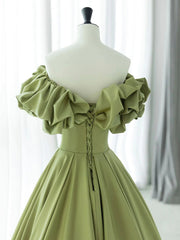 Off the Shoulder Green Satin Long Prom Dresses For Black girls For Women, Green Satin Long Formal Evening Dresses