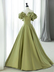Off the Shoulder Green Satin Long Prom Dresses For Black girls For Women, Green Satin Long Formal Evening Dresses