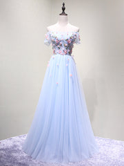 Off the Shoulder Light Blue Floral Long Prom Dresses For Black girls For Women, Off Shoulder Light Blue Formal Evening Dresses