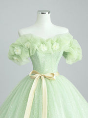 Off the Shoulder Light Green Floral Prom Dresses For Black girls For Women, Green Floral Formal Graduation Dress
