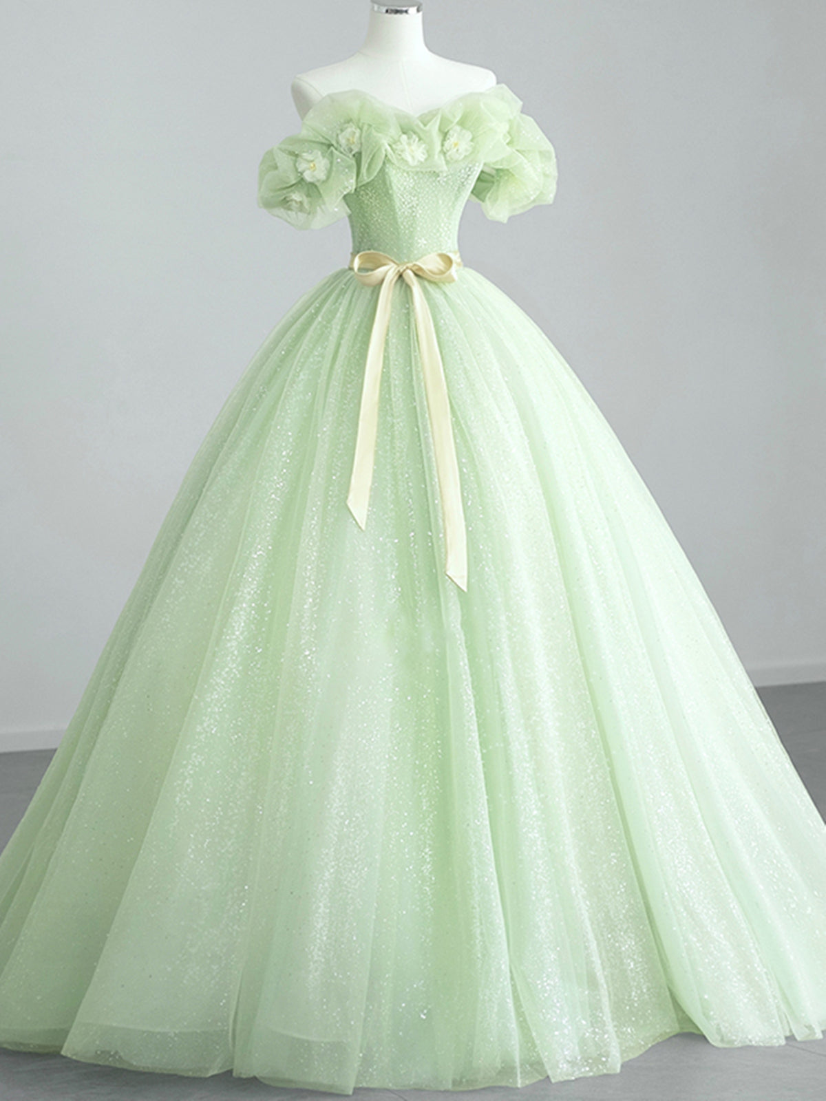 Off the Shoulder Light Green Floral Prom Dresses For Black girls For Women, Green Floral Formal Graduation Dress