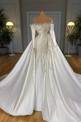 Off-the-Shoulder Long Sleeves Mermaid Wedding Dress Outfits For Women Pearls With Detachable Train
