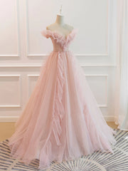 Off the Shoulder Pink Tulle Beaded Long Prom Dresses For Black girls For Women, Pink Tulle Long Formal Dress