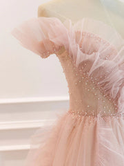 Off the Shoulder Pink Tulle Beaded Long Prom Dresses For Black girls For Women, Pink Tulle Long Formal Dress