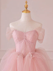 Off the Shoulder Pink Tulle Long Prom Dresses For Black girls For Women, Pink Tulle Long Formal Evening Dresses