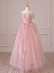 Off the Shoulder Pink Tulle Long Prom Dresses For Black girls For Women, Pink Tulle Long Formal Evening Dresses