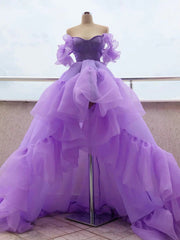 Off the Shoulder Purple High Low Prom Dresses For Black girls For Women, High Low Purple Formal Graduation Dresses