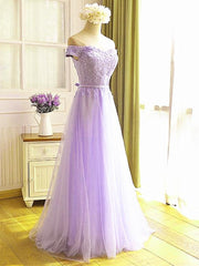 Off the Shoulder Purple Lace Prom Dresses For Black girls For Women, Purple Off Shoulder Lace Formal Bridesmaid Dresses