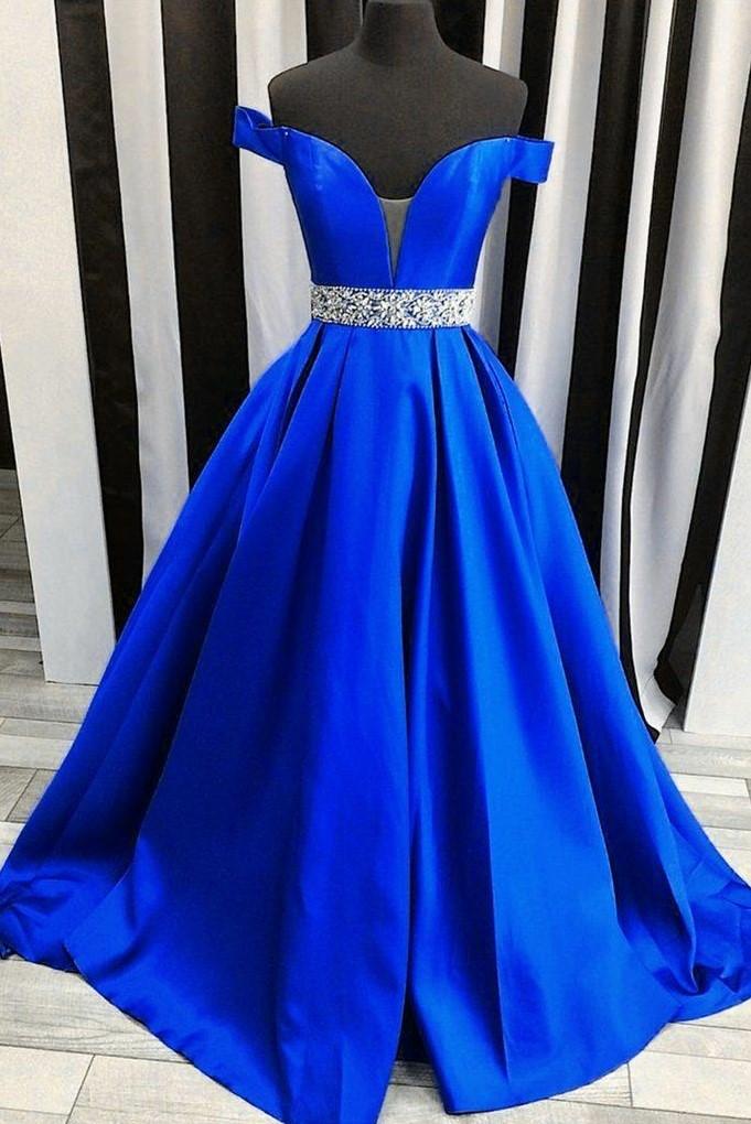 Off-the-shoulder Royal Blue Evening Dress Outfits For Women with Rhinestones Belt,event Dresses For Black girls elegant